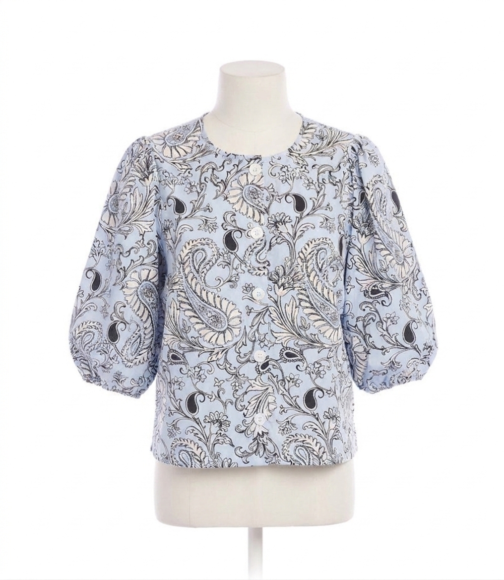 NEW KAREN KANE puff sleeve button front top in paisley